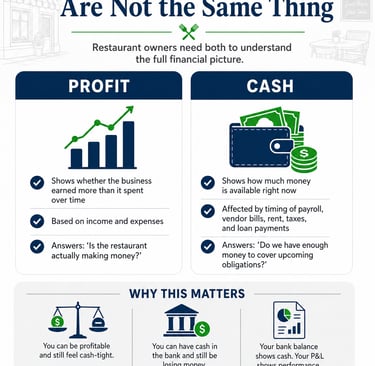 Infographic explaining the difference between profit and cash for restaurant owners, including how p