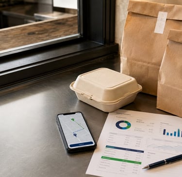 : Restaurant delivery bags beside a phone, payout report, and calculator o