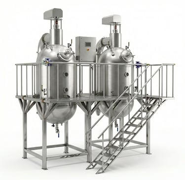 Industrial stainless steel vacuum evaporator with access platform and stairs on white background.