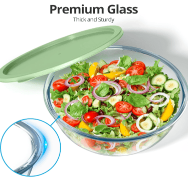 This glass mixing bowl is perfect for mixing up a salad, it's clear and spacious!