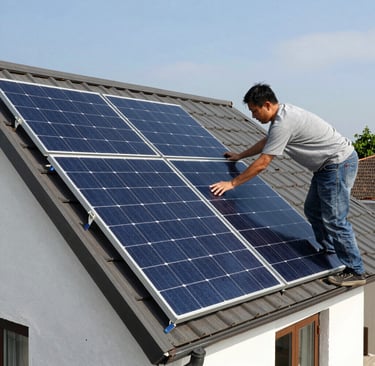 Modern home rooftop with sleek solar panels under a clear blue sky.