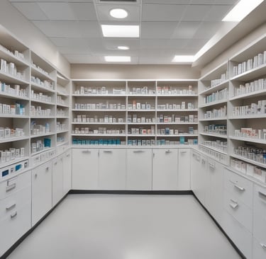 A modern pharmacy counter with a pharmacist assisting a customer.