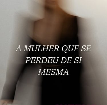 Blurred artistic portrait of a woman with Portuguese text about self-discovery and empowerment.