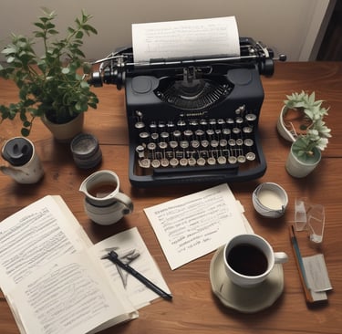 A cozy desk with a vintage typewriter, a steaming cup of tea, and scattered handwritten notes.