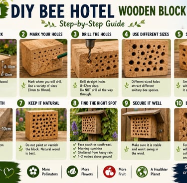 Step-by-step infographic guide for a DIY bee hotel using a wooden block for solitary bees.