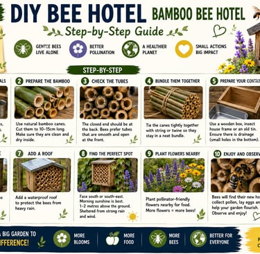 Infographic showing a 10-step guide to building a DIY bamboo bee hotel for solitary pollinators.