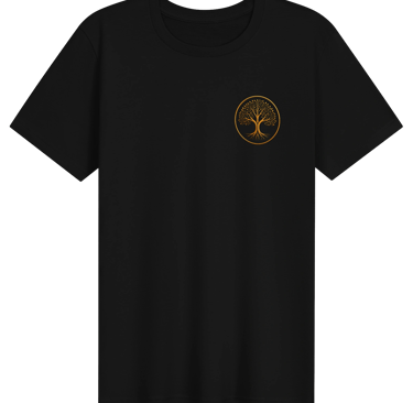 Black cotton t-shirt featuring a golden tree of life emblem printed on the chest.