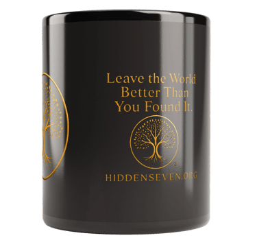 Black ceramic coffee mug with gold tree logo and inspirational quote Leave the World Better Than You Found It.