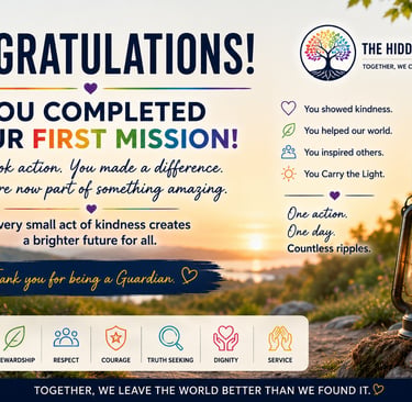 The Hidden Seven completion certificate with a lantern at sunset, celebrating acts of kindness and service.