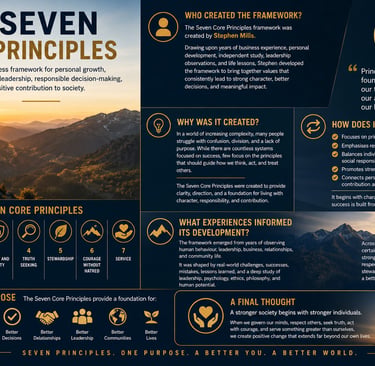 Infographic detailing The Seven Core Principles framework for personal growth and ethical leadership.