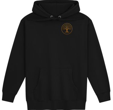Black pullover hoodie featuring a small gold tree of life logo embroidered on the chest.