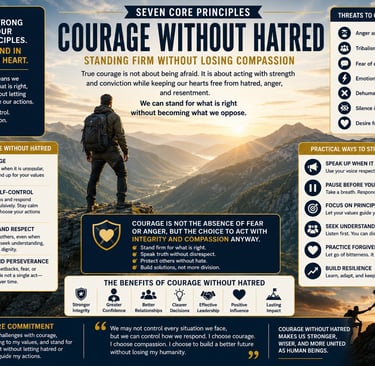 Infographic titled Courage Without Hatred detailing core principles and practical ways to lead with integrity and compassion.