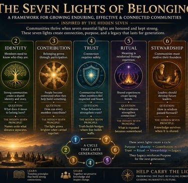 Infographic showing The Seven Lights of Belonging framework for building strong, enduring communities with seven numbered