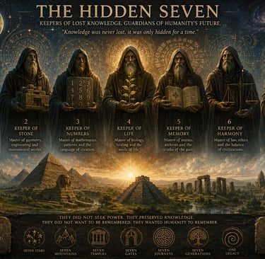 Fantasy illustration of The Hidden Seven guardians standing above ancient pyramids and ruins.