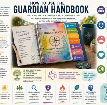 Infographic titled How to Use the Guardian Handbook detailing personal growth steps and the Seven Principles.