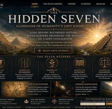 The Hidden Seven website homepage featuring ancient monuments, astronomical symbols, and historical mystery icons.