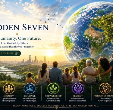 A diverse group of people overlooking a sustainable city and planet Earth, representing ethical global citizenship and