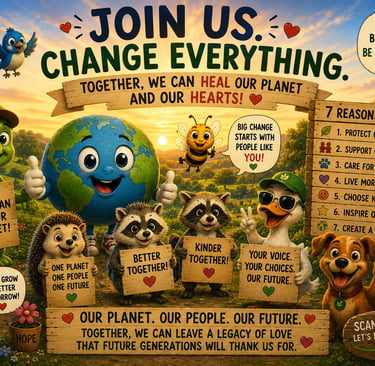 Cartoon animals holding signs with environmental conservation and community kindness messages in a lush landscape.