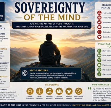 Infographic about sovereignty of the mind showing mental self-mastery pillars and mindfulness practices.