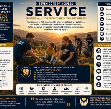 Infographic detailing seven core principles of community service and the four pillars of impactful leadership.