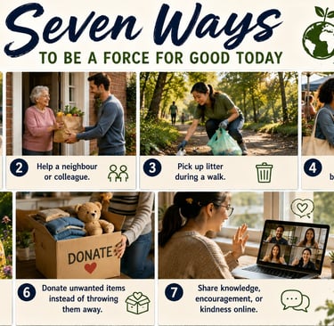 Infographic showing seven ways to be a force for good including volunteering, donating, and sustainable living.