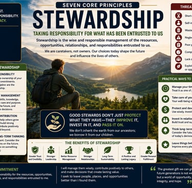 Infographic titled Seven Core Principles of Stewardship outlining the four pillars, benefits, and practical ways to