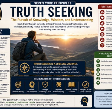 An educational infographic about truth seeking principles, including the four pillars and obstacles to knowledge.