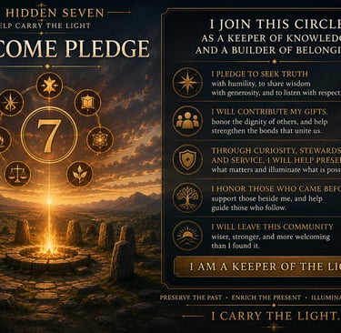 The Hidden Seven Welcome Pledge graphic featuring a campfire circle and keeper of light community values.