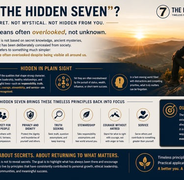 Infographic explaining The Hidden Seven timeless principles for meaningful living, including stewardship and courage.