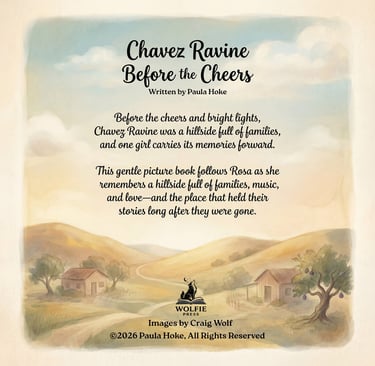 Book summary for Chavez Ravine Before the Cheers featuring a vintage hillside illustration with houses.