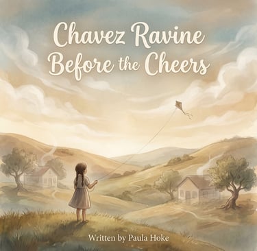 Illustration of a girl flying a kite in Chavez Ravine hills for the book Chavez Ravine Before the Cheers.
