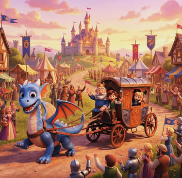 A cute blue dragon pulls a royal carriage through a medieval village towards a fairytale castle.