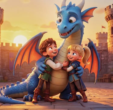 A friendly blue dragon hugging two children in a castle courtyard at sunset.