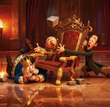 Royal King and two panicked men avoiding a falling stone block in a cartoon castle trap.