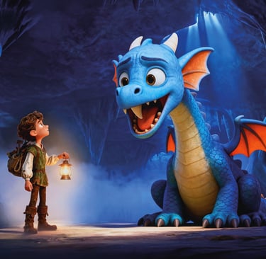 A young explorer with a lantern meeting a friendly blue dragon in a dark, magical cave.
