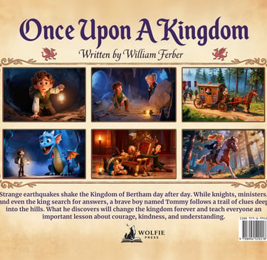 Children's fantasy book cover for Once Upon A Kingdom by William Ferber featuring a boy, a blue dragon, and a horse.
