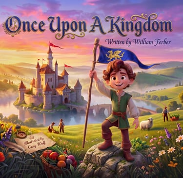 Children's book cover for Once Upon A Kingdom showing a boy holding a flag before a fairy tale castle.