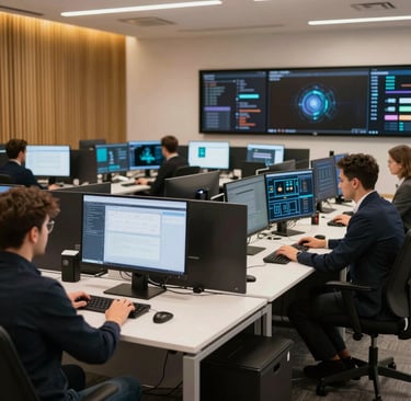 A vibrant team meeting in a modern office with blue accents, brainstorming digital marketing strategies.