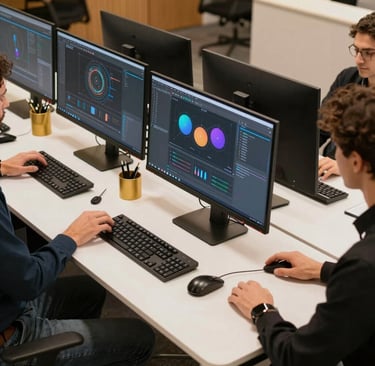 A creative workspace with branding materials and social media content planning.