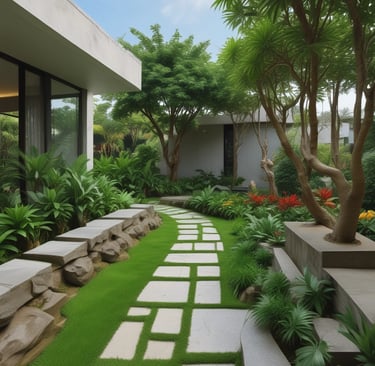 Desain taman minimalis modern untuk rumah di Bogor dengan konsep tropis elegan