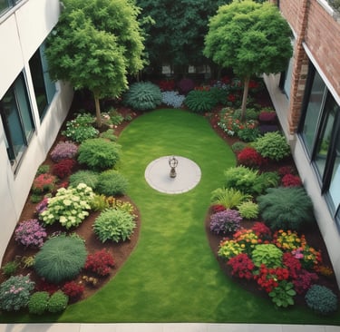 A vibrant school garden with a mix of flowering plants and shaded seating areas.