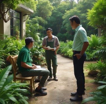 Tukang taman Bogor profesional sedang diskusikan kebutuhan taman minimalis modern