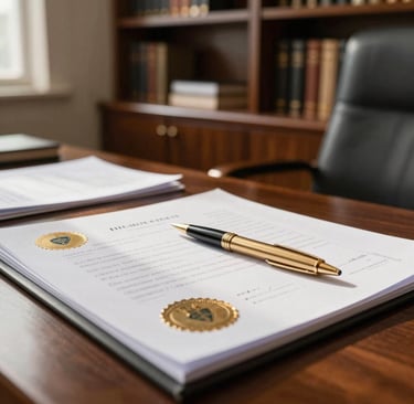 A sophisticated legal office setting in Brazil, featuring a desk with a gold pen, official papers with seals, and a background of elegant wooden shelves, illuminated by warm sunlight.
