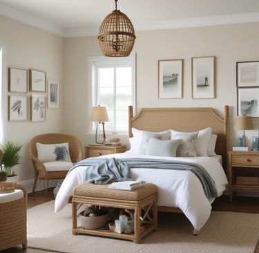 Three framed beach sunset artworks above a headboard