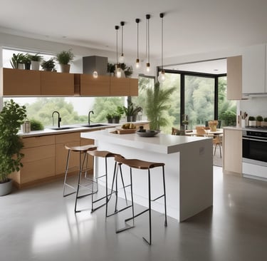 a large kitchen with a center island and marble counter tops