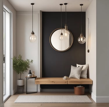 Dog stands before ornate wooden doors decorated for christmas.