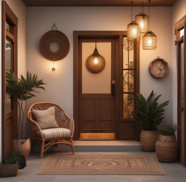Dog stands before ornate wooden doors decorated for christmas.