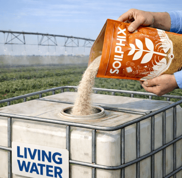 A farmer pouring Soilphix agricultural soil amendment into a Living Water tank for irrigation.