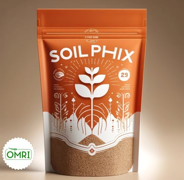Soil Phix organic microbes in an orange resealable bag featuring an OMRI listed seal.