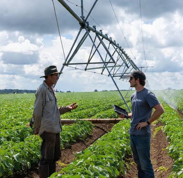 Two farmers discuss crop management under a center pivot irrigation system in a lush soybean field.